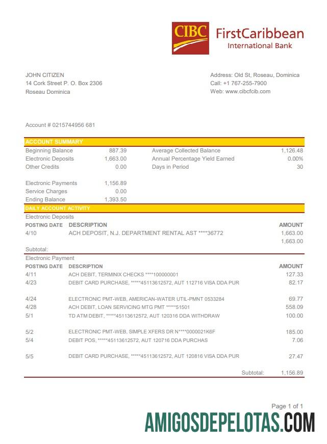 para download Dominica CIBC First Caribbean International modelo de extrato bancário fácil de preencher em formato de arquivo .xls e .pdf